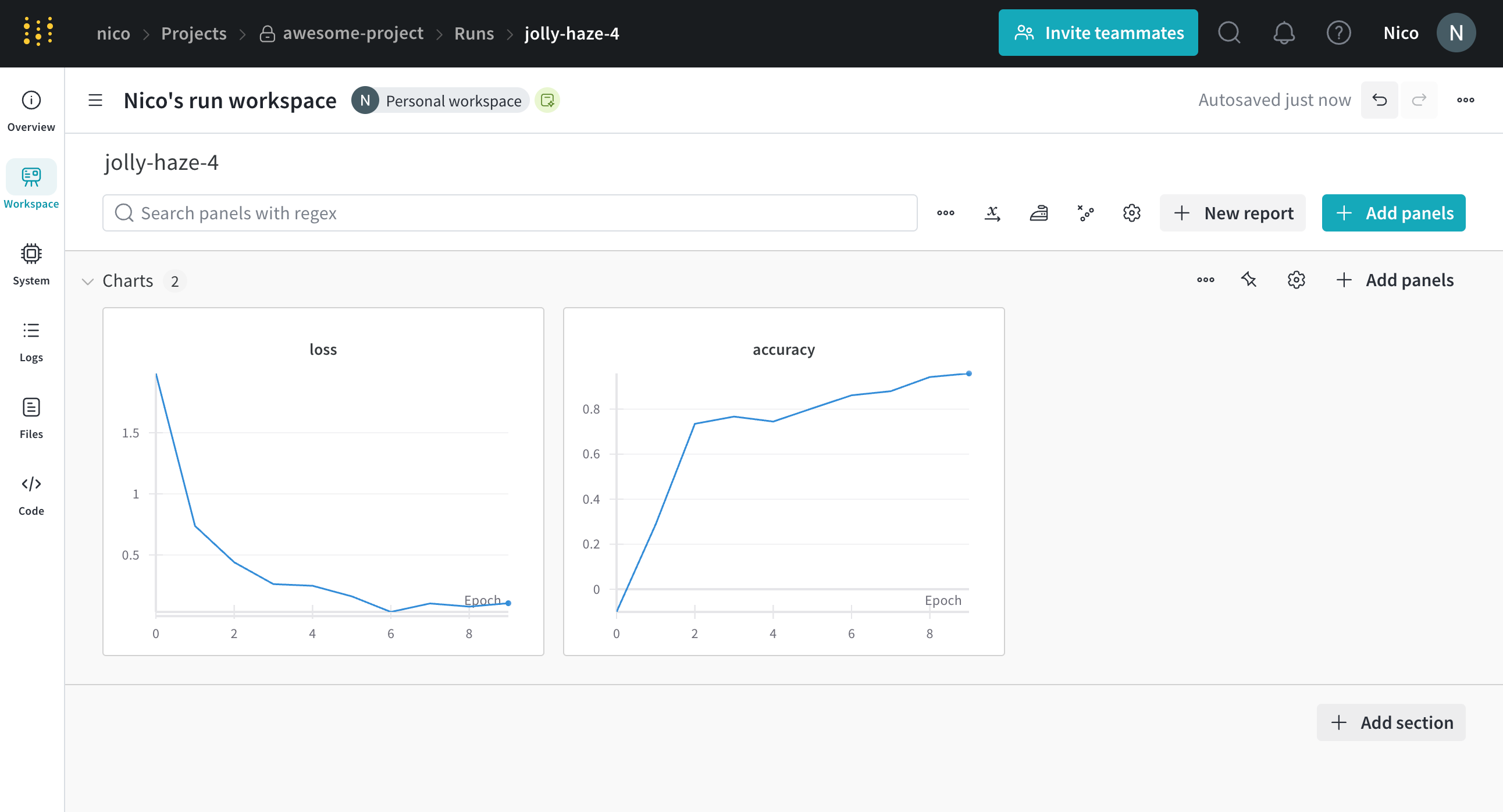 Training run with logged metrics
