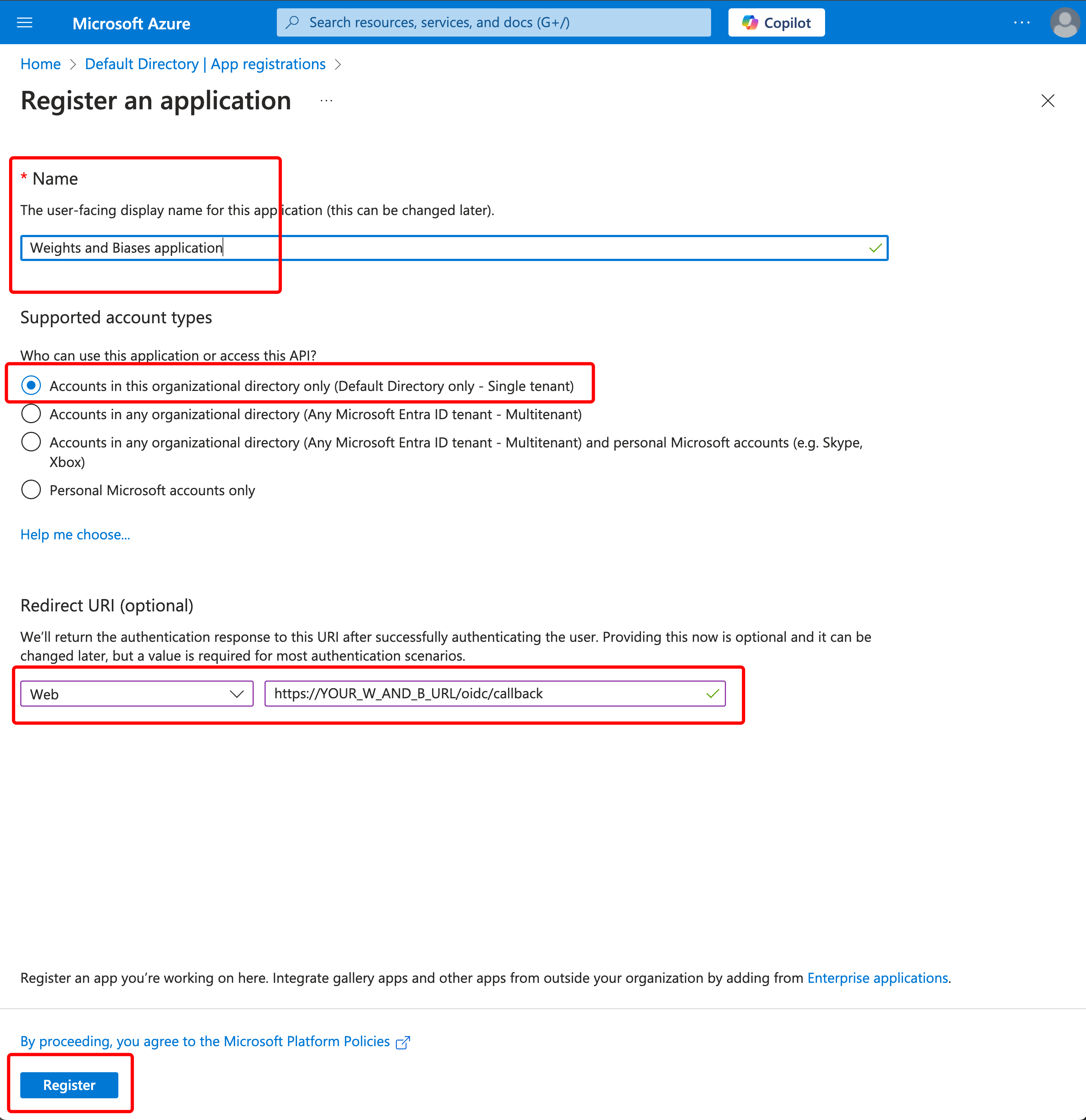Application registration form
