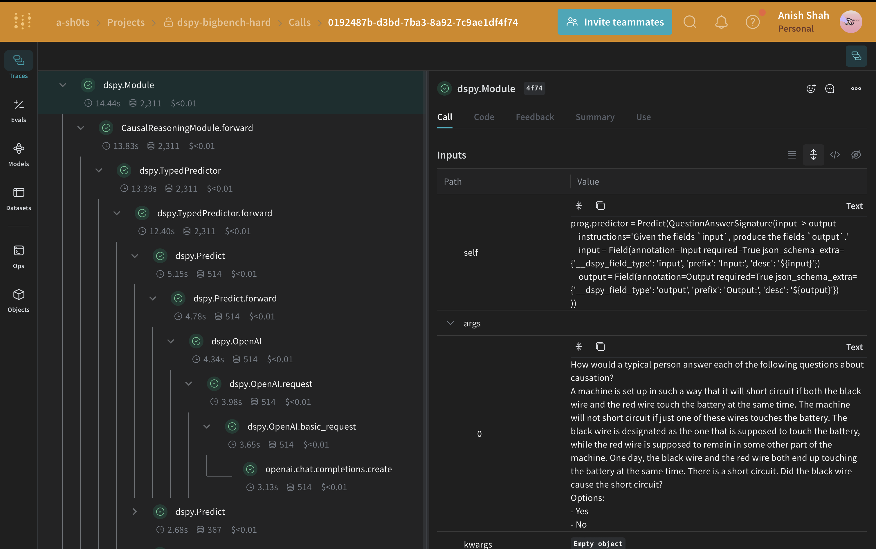 Screenshot showing baseline DSPy program evaluation results