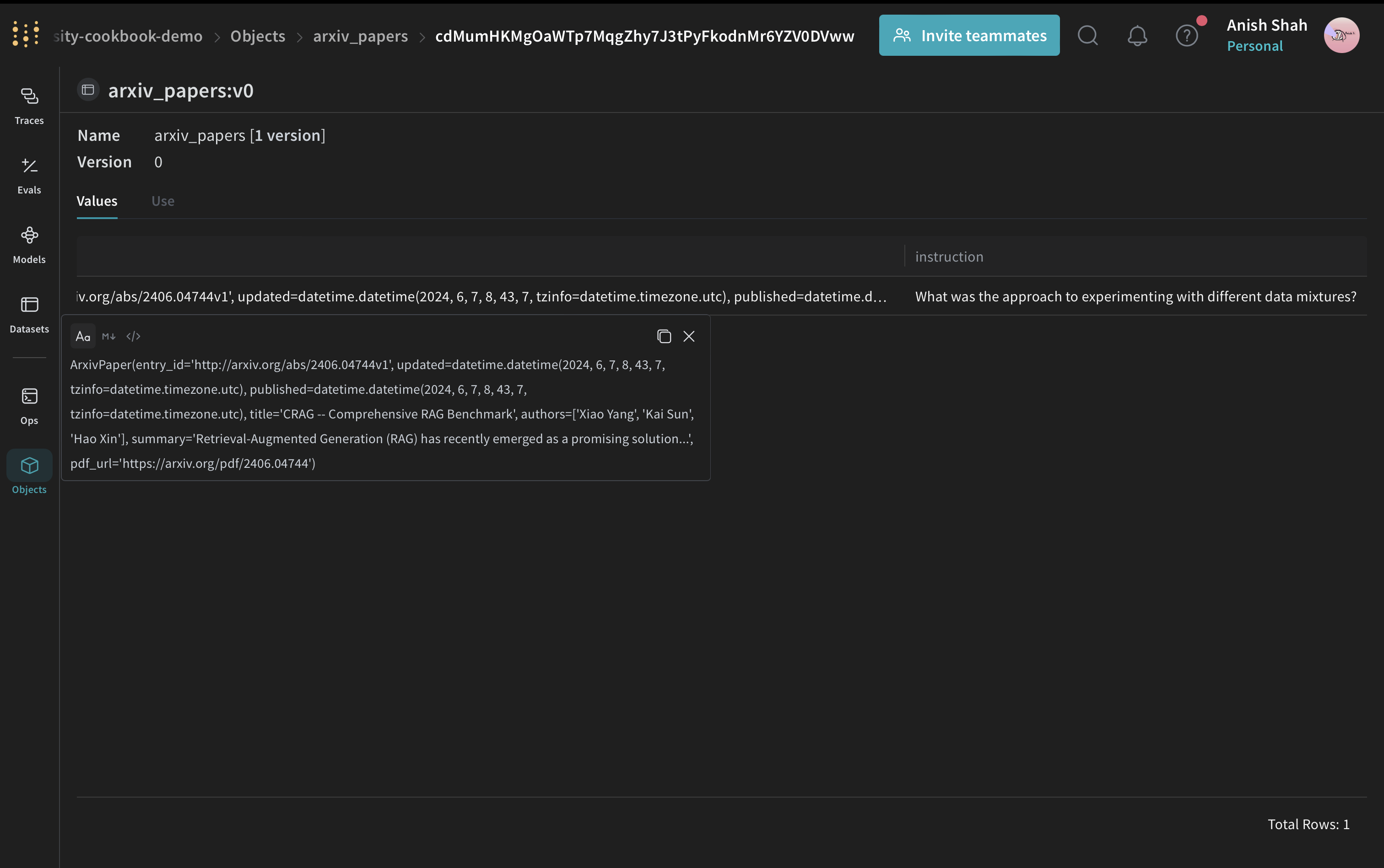 Screenshot showing Weave Dataset configuration for evaluation
