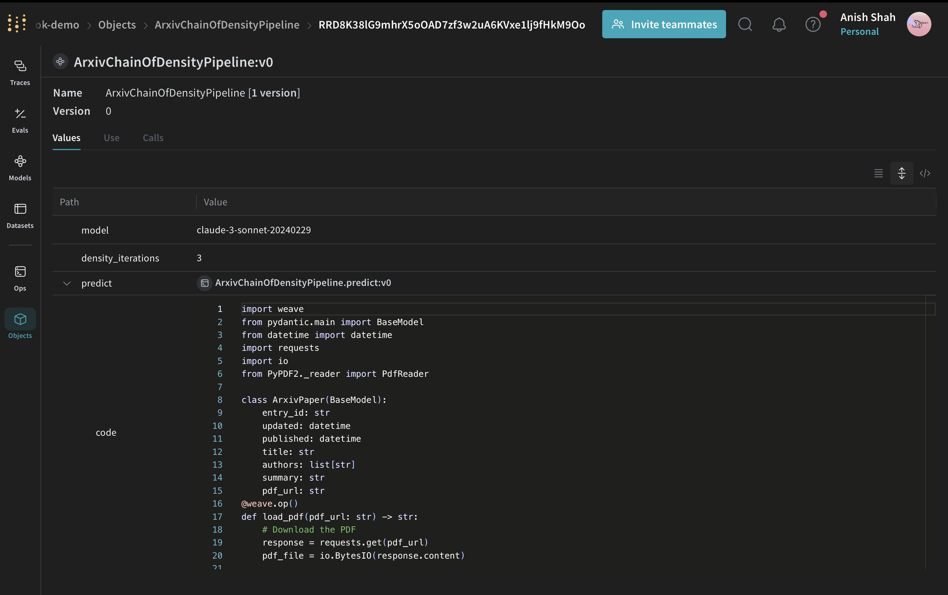Screenshot showing Weave Model configuration for Chain of Density summarization