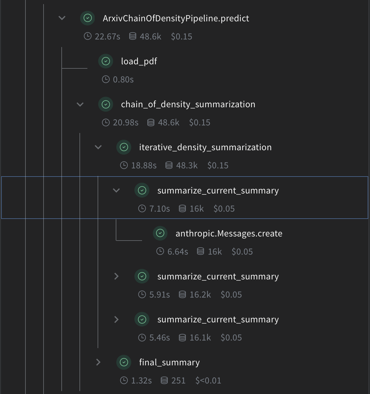Weave trace visualization showing Chain of Density summarization pipeline execution