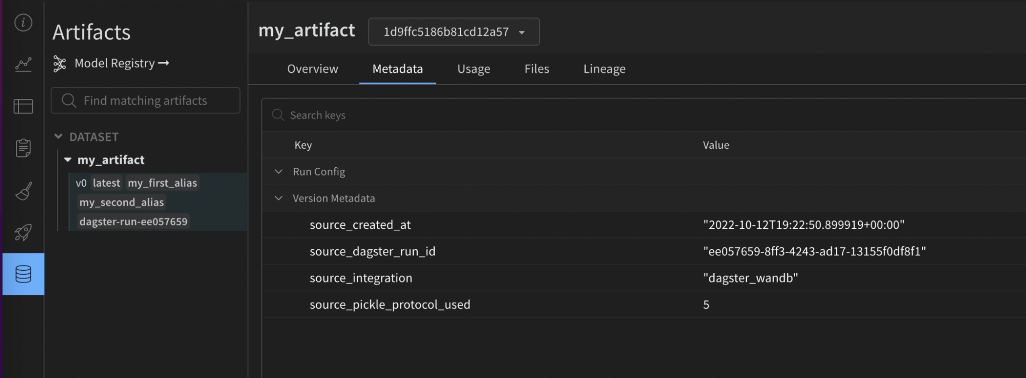 Screenshot showing additional enriched configuration metadata on W&B Artifact