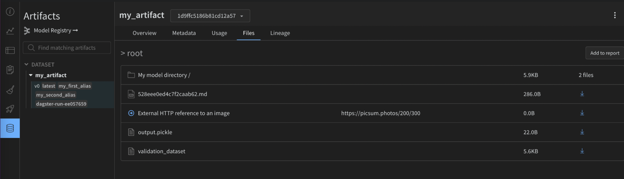 Screenshot showing further enriched configuration metadata on W&B Artifact