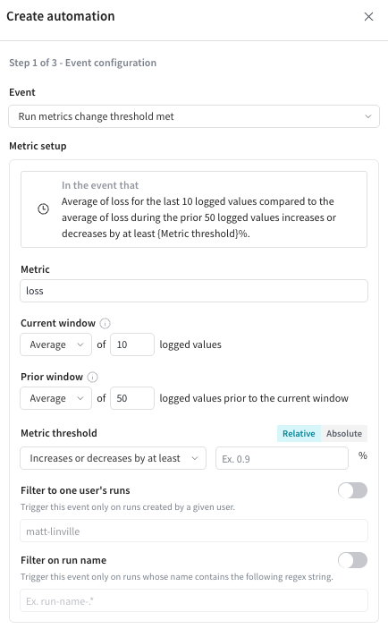 Screenshot showing a run metrics change threshold automation