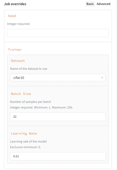 Job input schema form