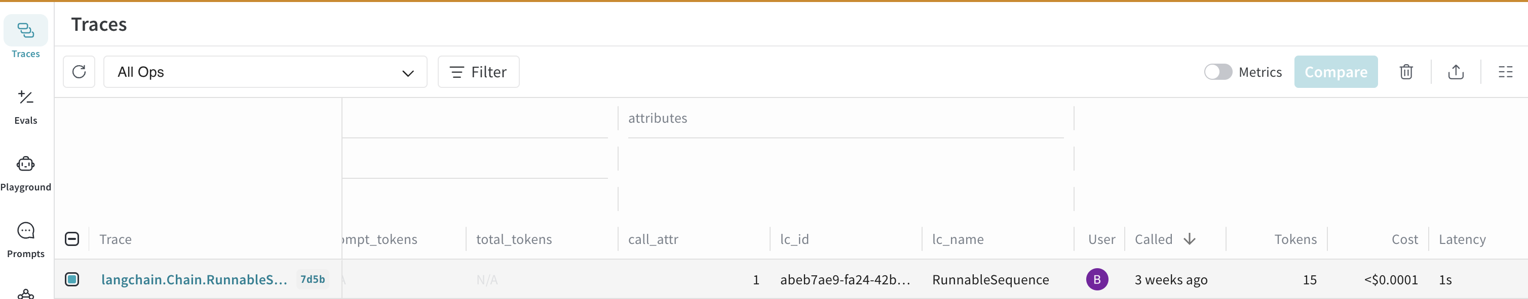 Weave UI showing LangChain trace metadata attributes