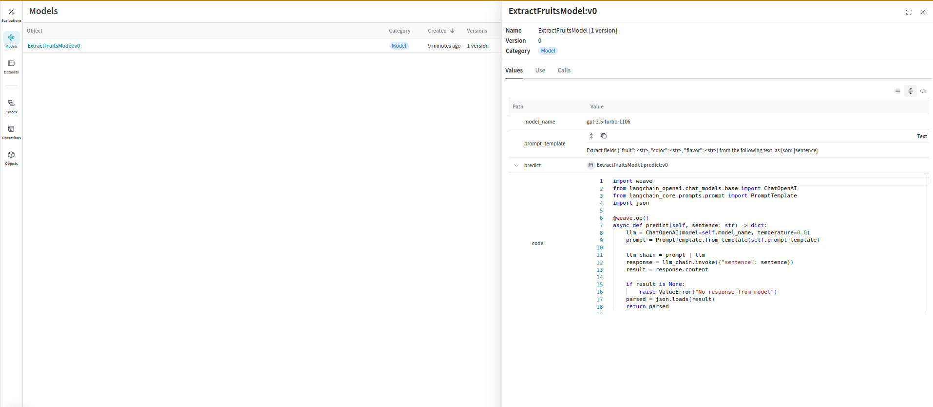 Weave UI showing a LangChain chain wrapped as a Weave Model