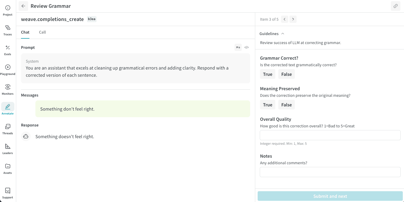 Annotation queue review interface for a single trace item, showing a trace information pane alongside an annotation form pane where reviewers submit structured feedback and move through the queue.