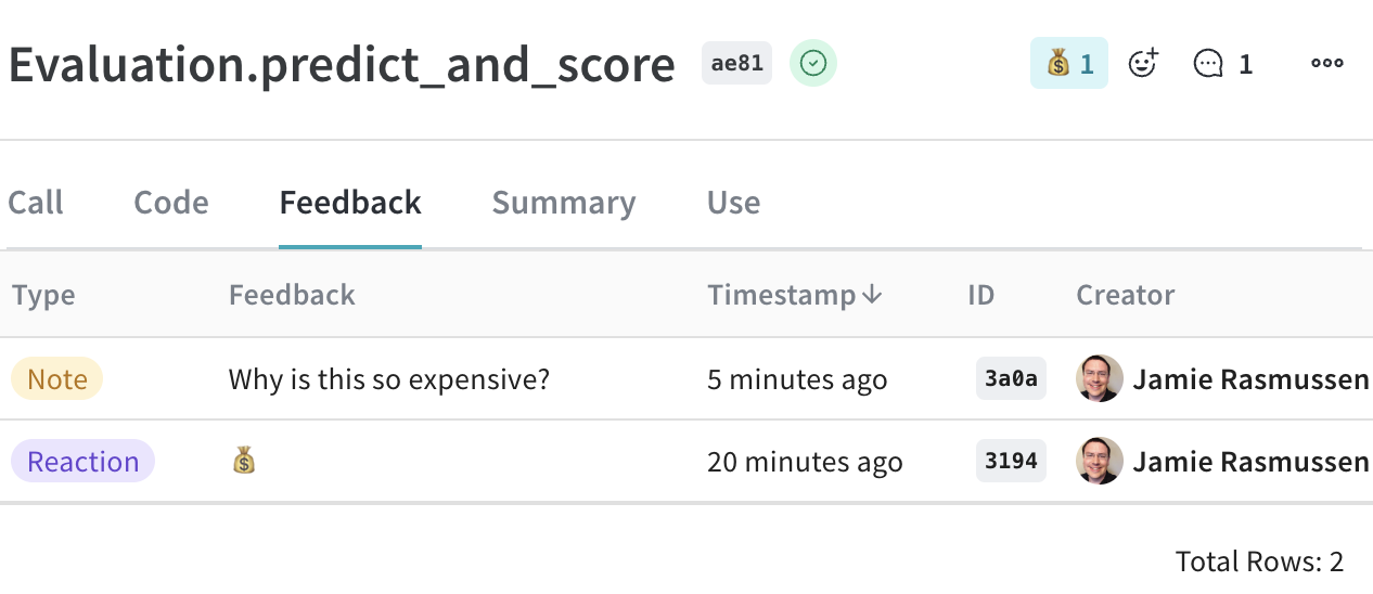Onglet Feedback dans les détails de l’appel