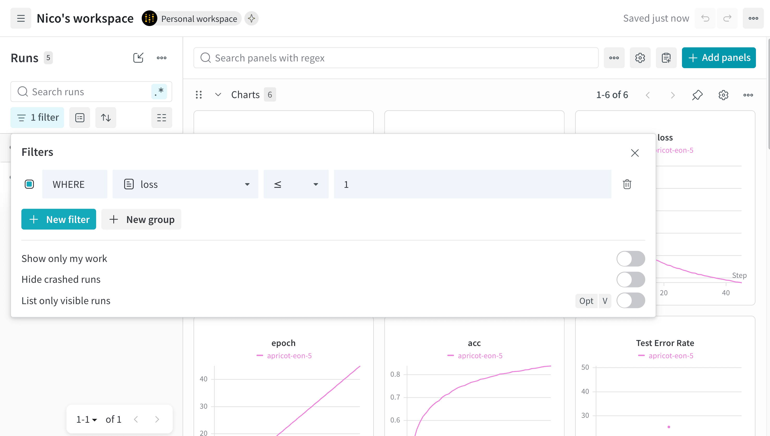 Configuring a run table filter