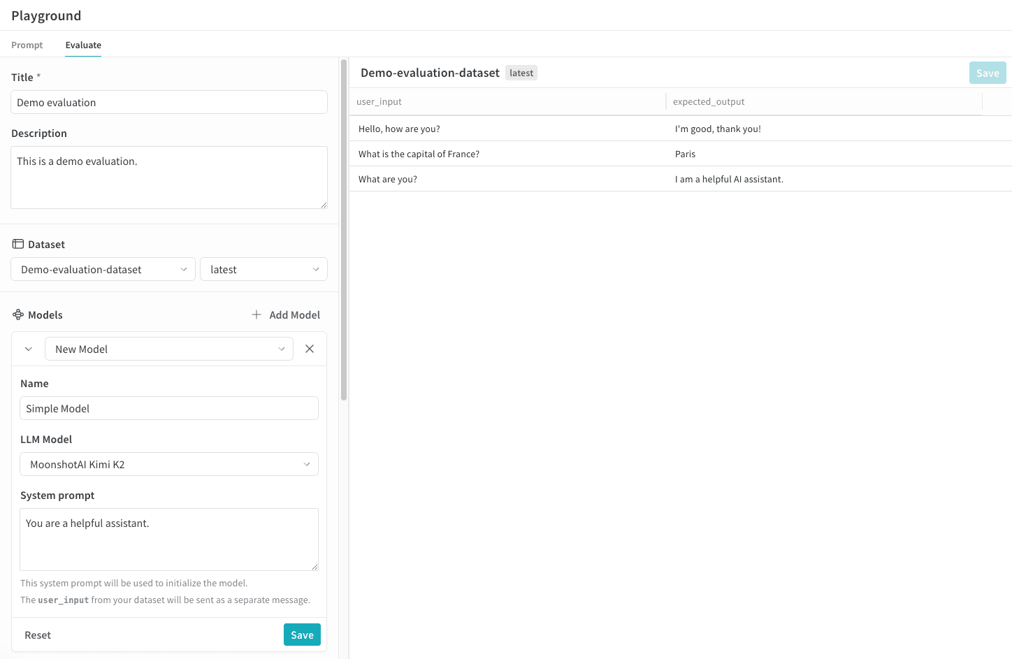 Interface de l’Evaluation Playground