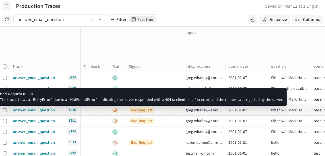Signals 列の Signals タグにカーソルを合わせると、確信度と推論が表示される Weave Traces view。