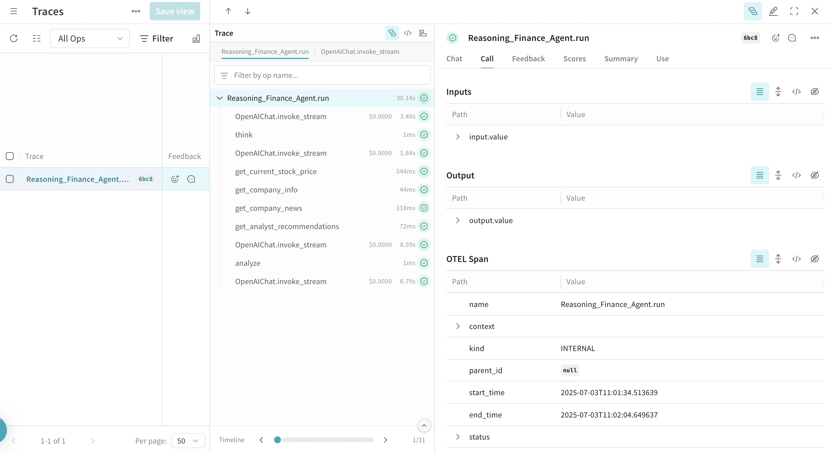 A trace visualization of Agno reasoning agent