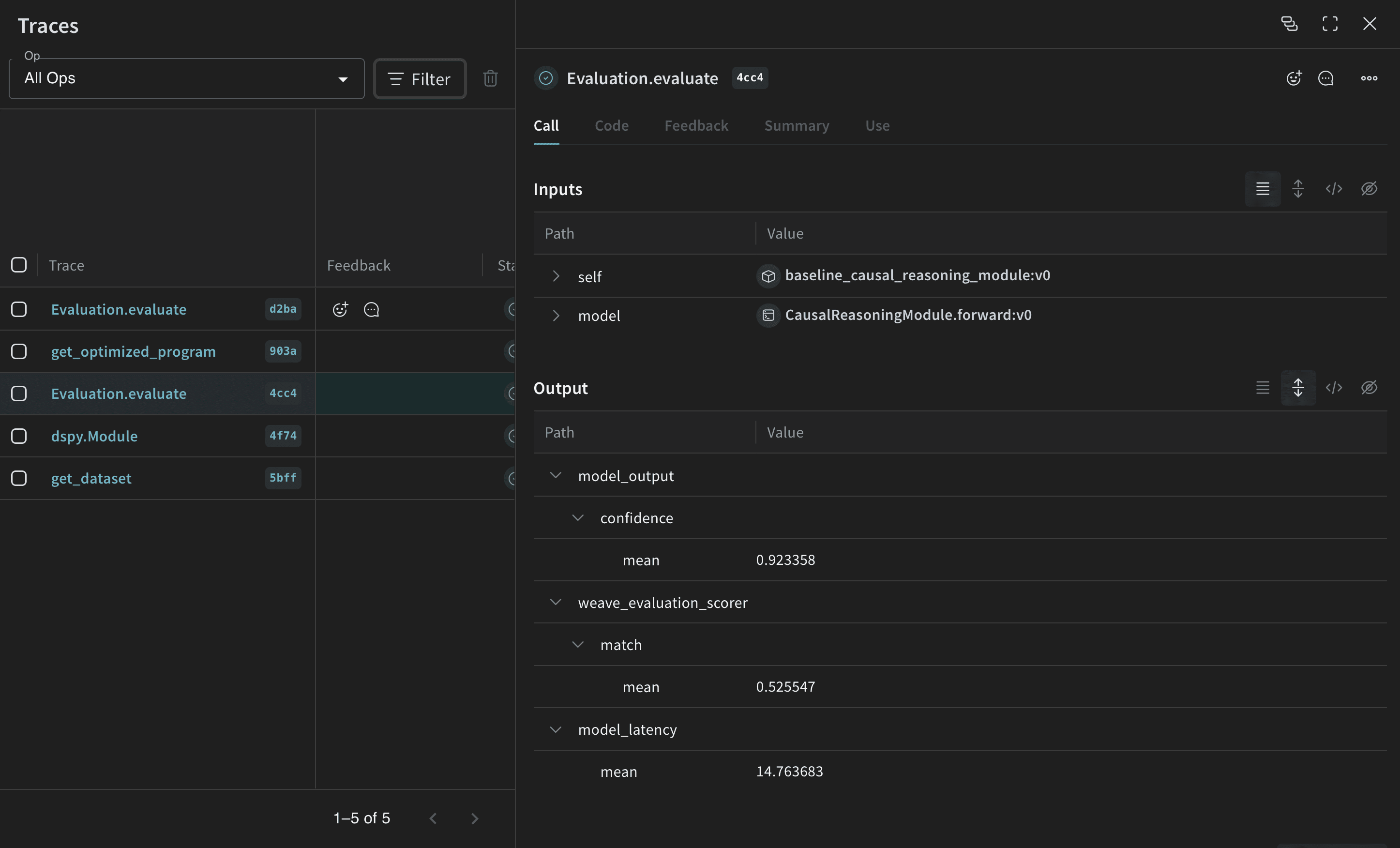 Weave evaluation dashboard with DSPy program performance metrics, traces, and comparison results