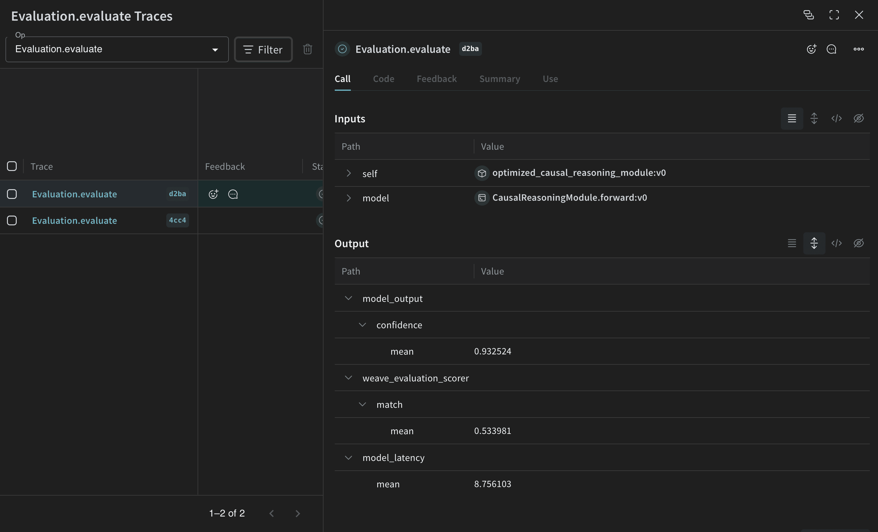 Optimized DSPy program evaluation results with improved performance metrics and output quality