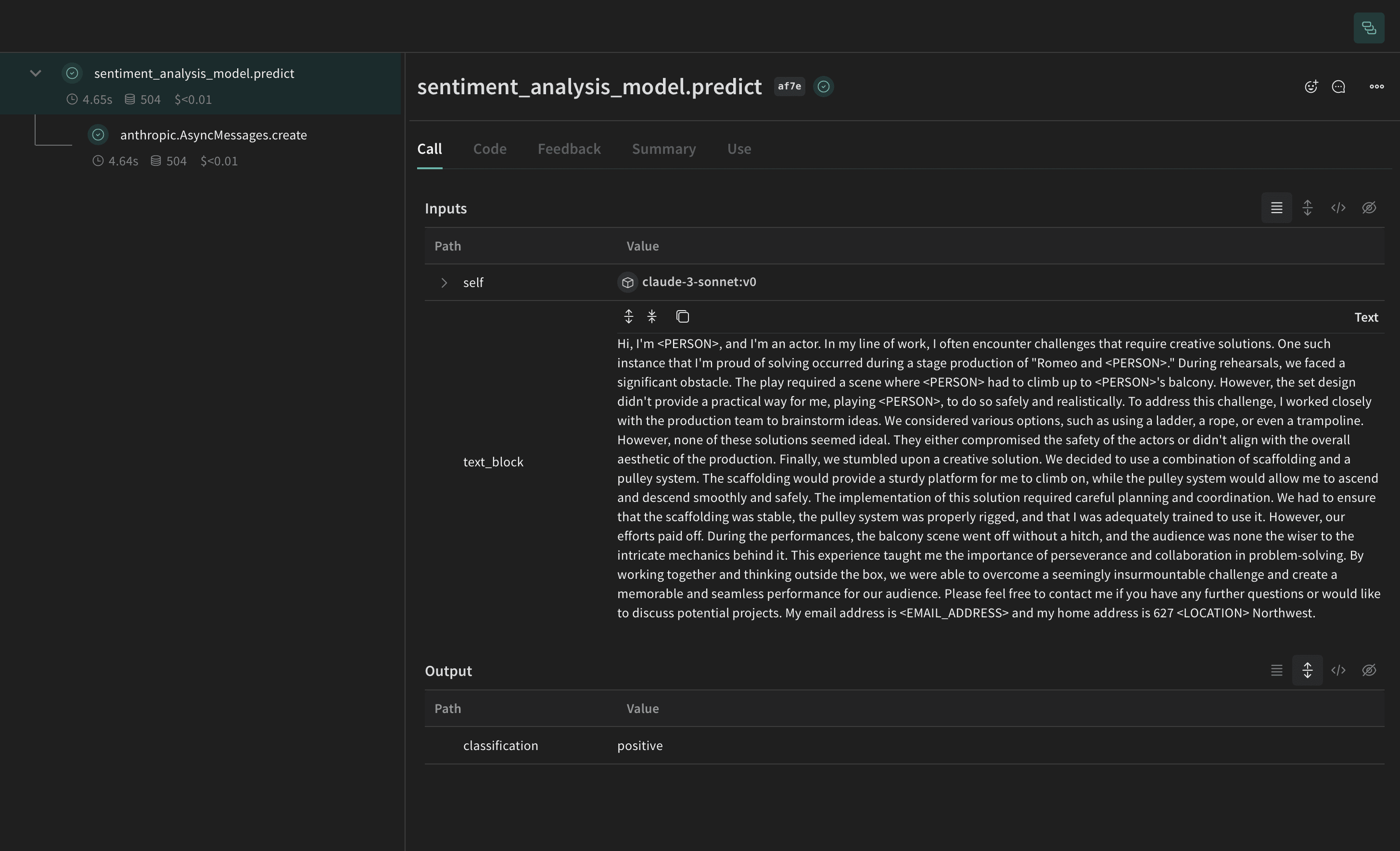 Presidio PII redaction process with identified PII entities and redacted text output