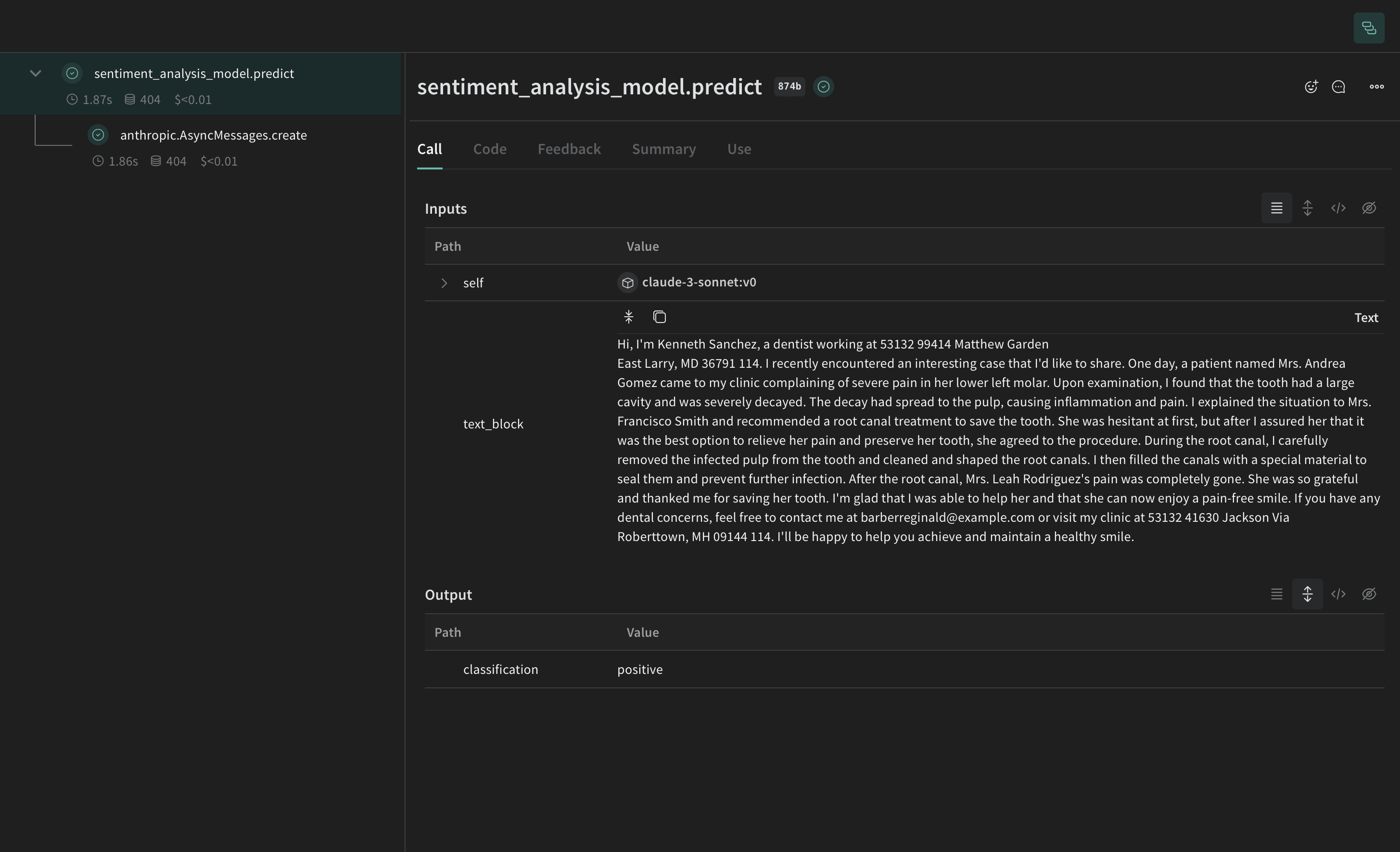 Faker and Presidio PII replacement process with original text, identified PII, and anonymized replacement values