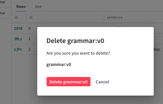 Dataset UI - 削除確認モーダル。