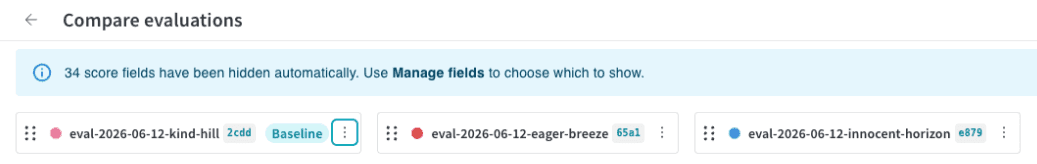 Compare evaluations view showing the selected baseline evaluation in the leftmost position of the comparison bar.