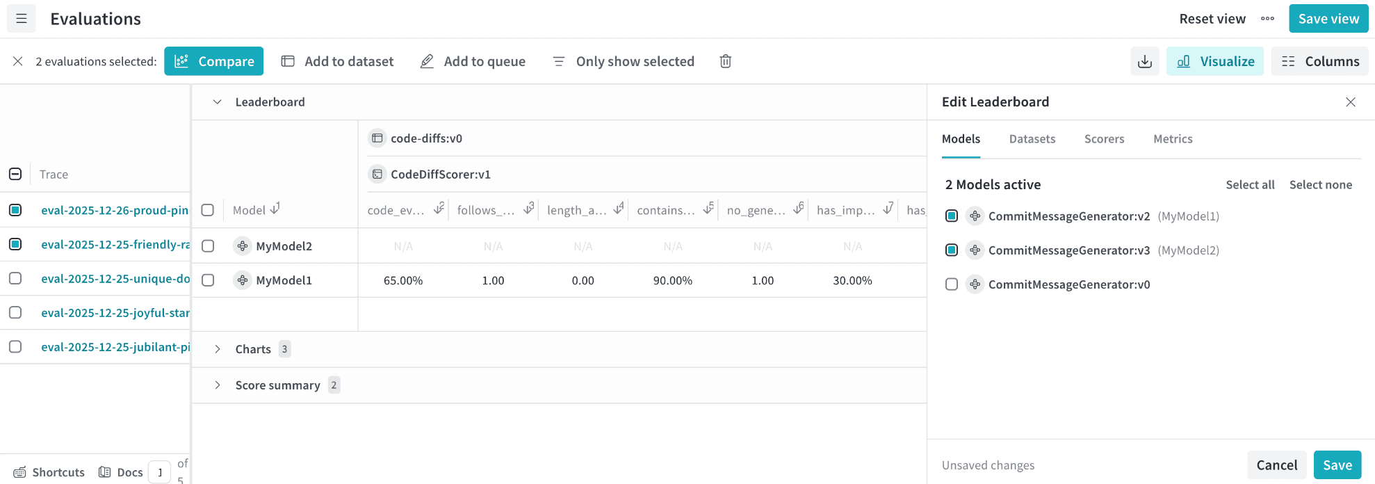 Evaluations page showing the Edit Leaderboard panel open on the right, with tabs for Models, Datasets, Scorers, and Metrics used to configure the leaderboard.