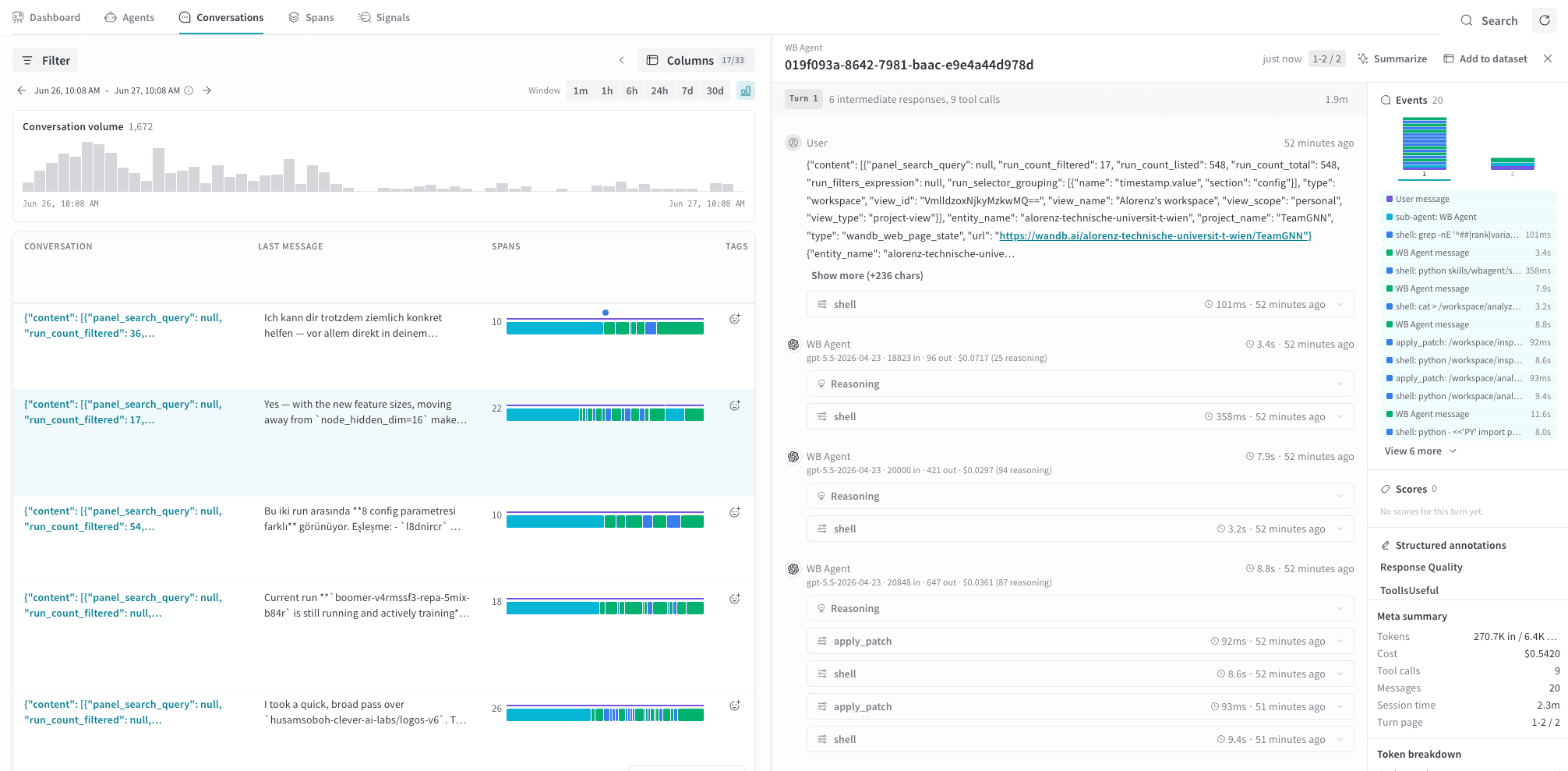A conversation selected in the Conversations tab, with the detail panel open showing the turn-by-turn message thread, tool calls, reasoning, and the Events timeline on the right.