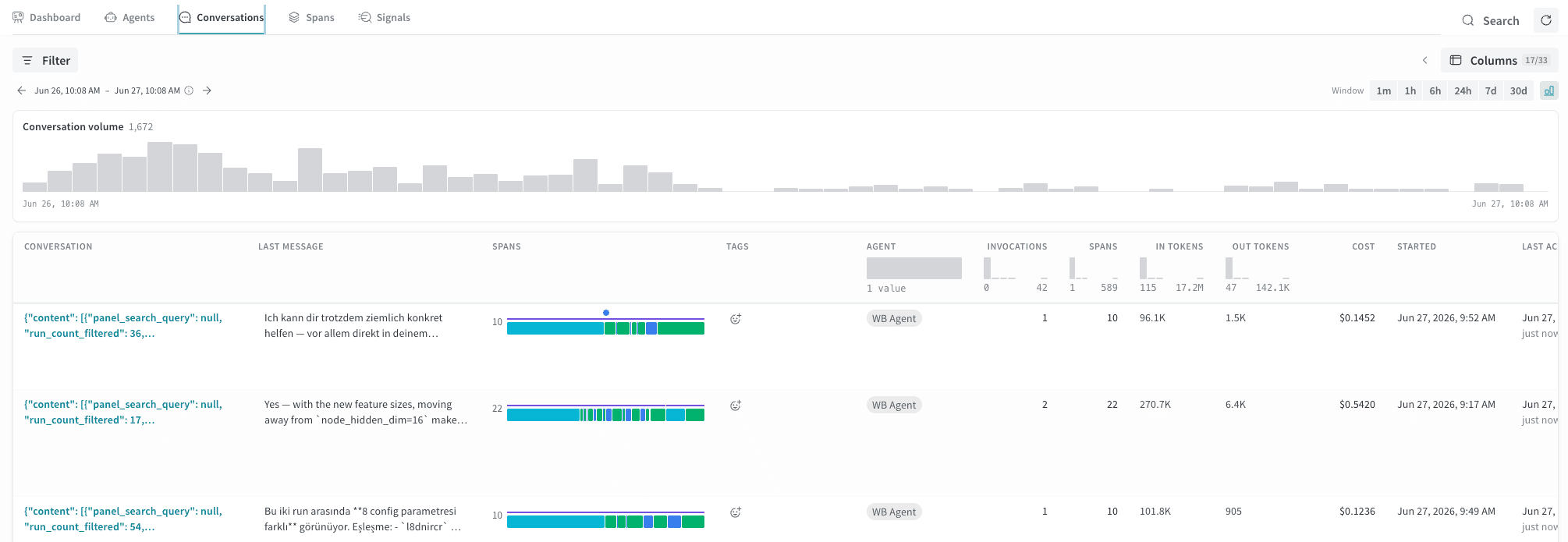 The Conversations tab showing a list of agent conversations with columns for agent name, invocations, spans, token counts, and last activity.