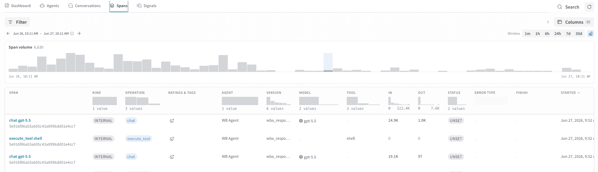 The Spans tab showing spans of the agent conversation.