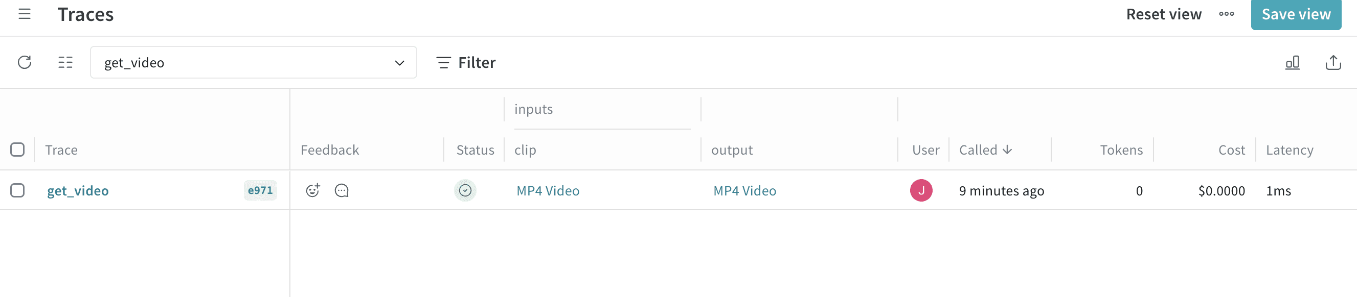 A trace of a video processing function in the Traces table.