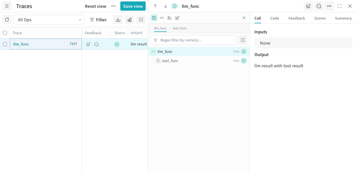 La interface Weave, montrant un appel parent avec le type LLM et la couleur blue, ainsi qu’un appel imbriqué avec le type tool et la couleur red.