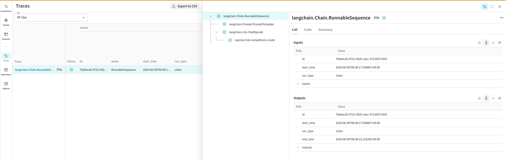 Weave UI showing a LangChain trace