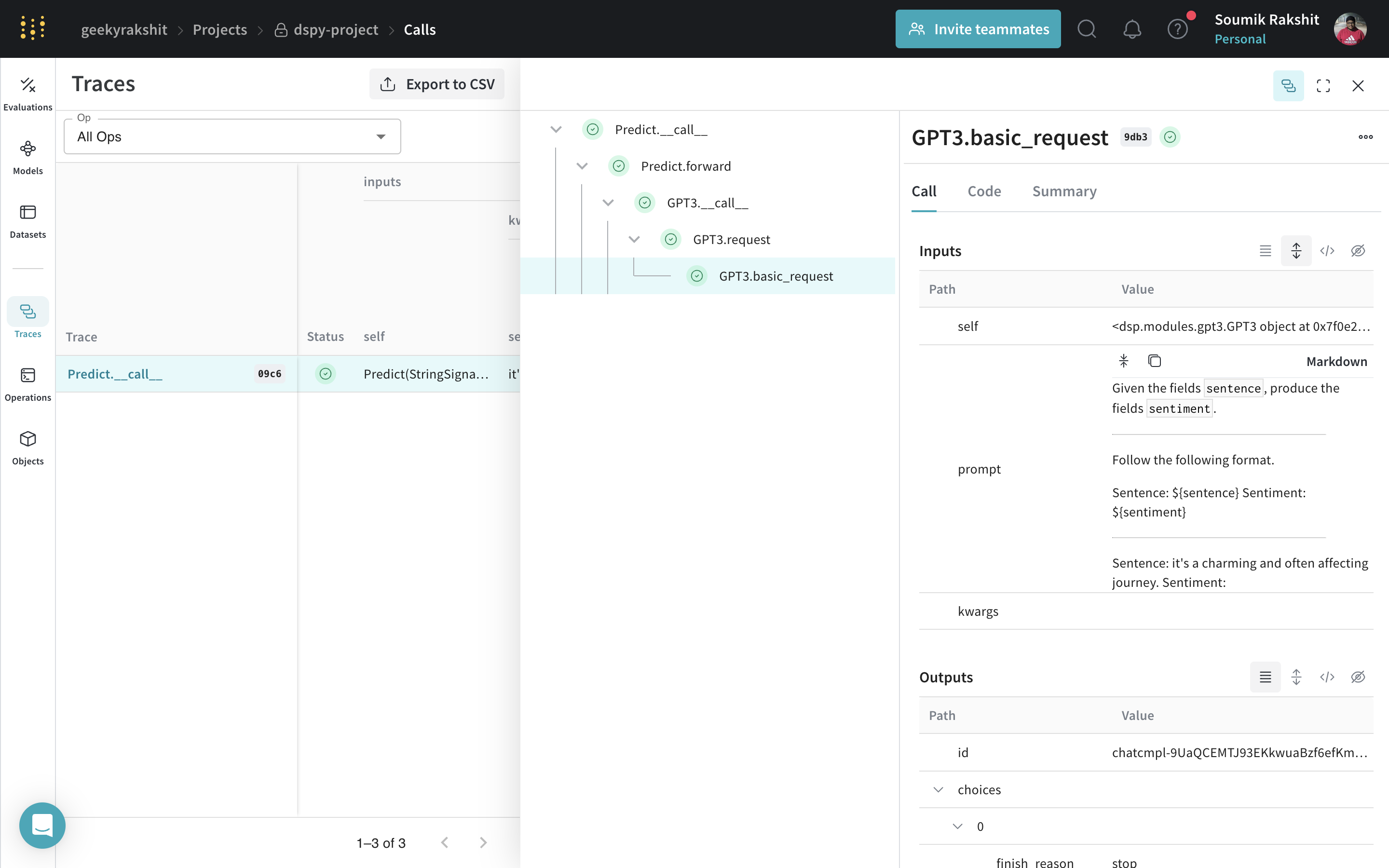 DSPy trace in Weave showing LM call inputs, outputs, and metadata