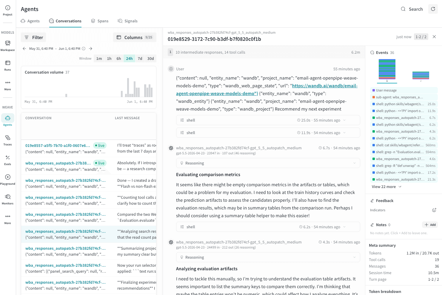 A conversation selected in the Conversations tab, with the detail panel open showing the turn-by-turn message thread, tool calls, reasoning, and the Events timeline on the right.