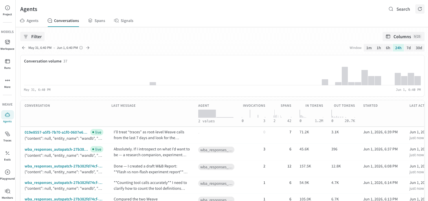 The Conversations tab showing a list of agent conversations with columns for agent name, invocations, spans, token counts, and last activity.