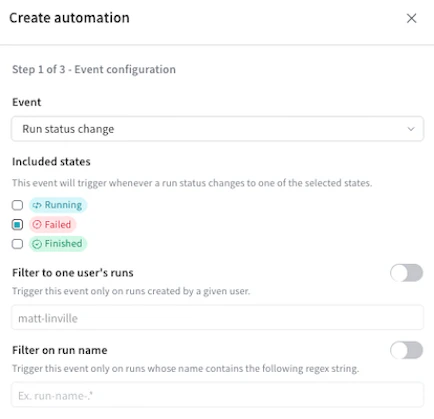 Screenshot showing a run status change automation