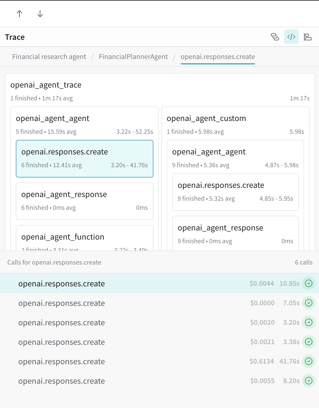 Trace panel code view
