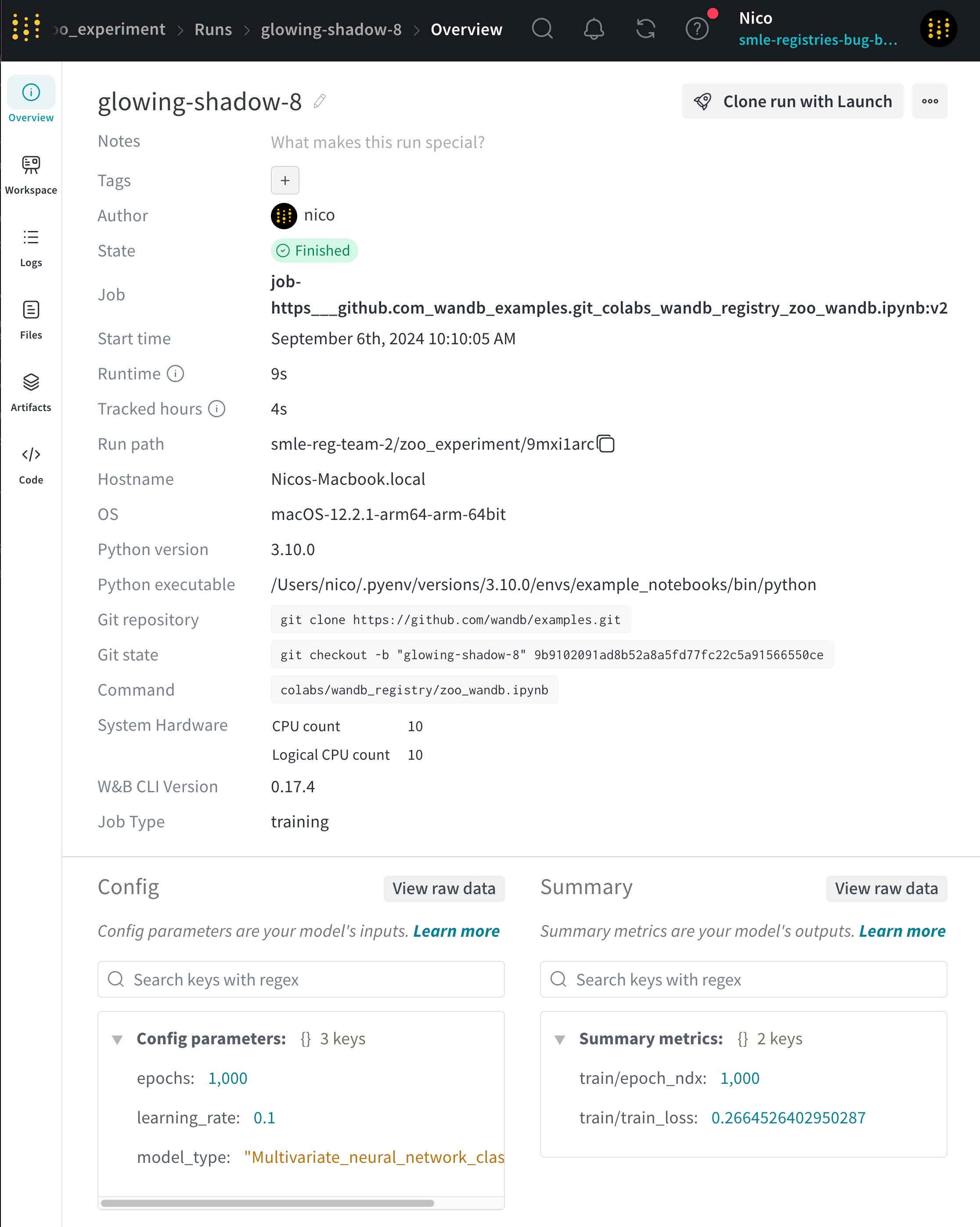 W&B 대시보드 run Overview 탭