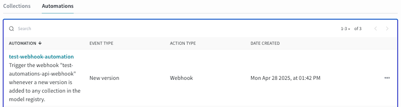 Screenshot of the Registry Automations tab with an automation