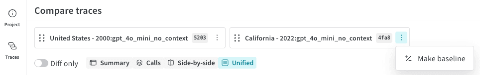 Comparison view showing the Make baseline option for the selected object in the comparison bar.