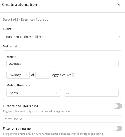 Screenshot showing a run metrics threshold automation