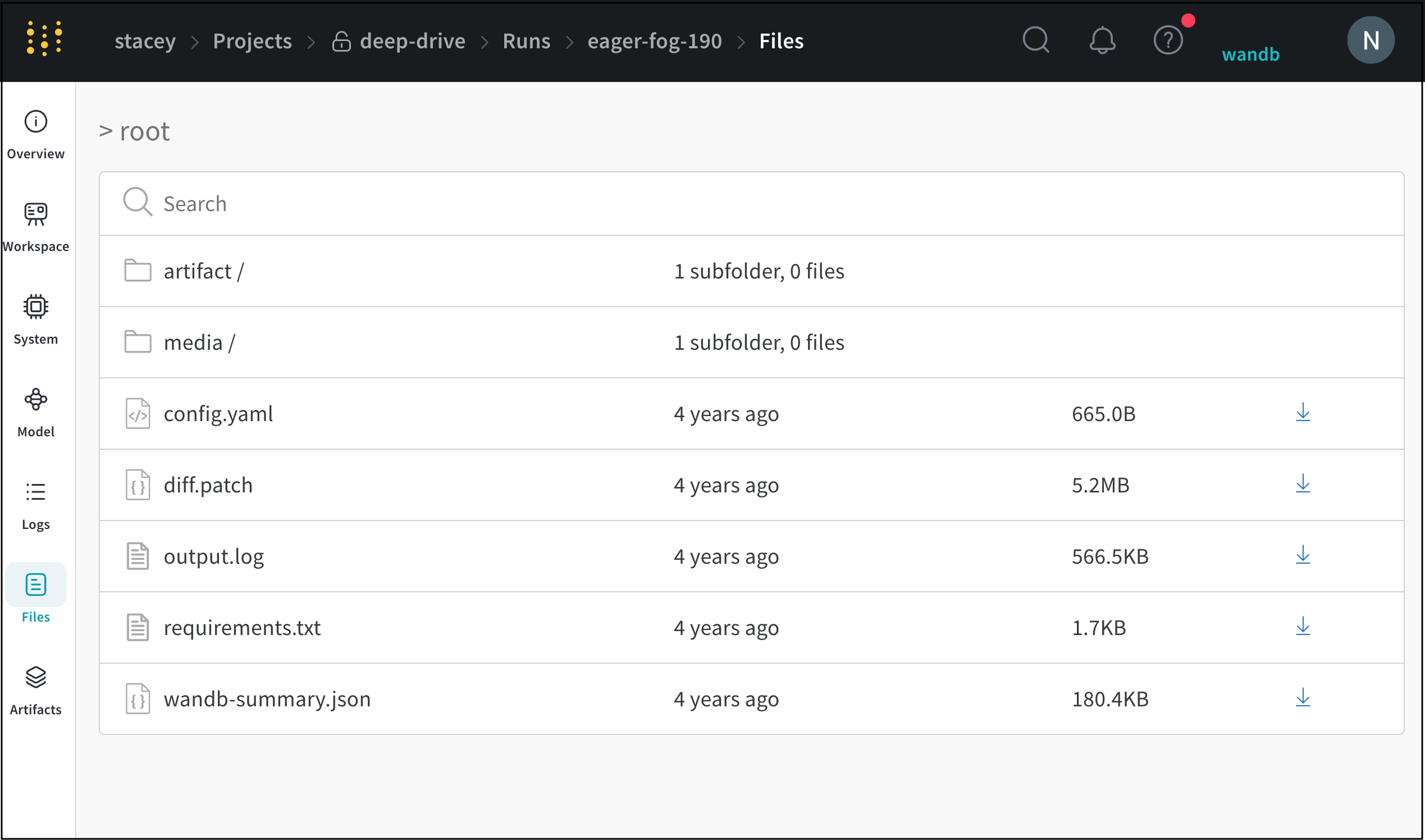 Run files tab