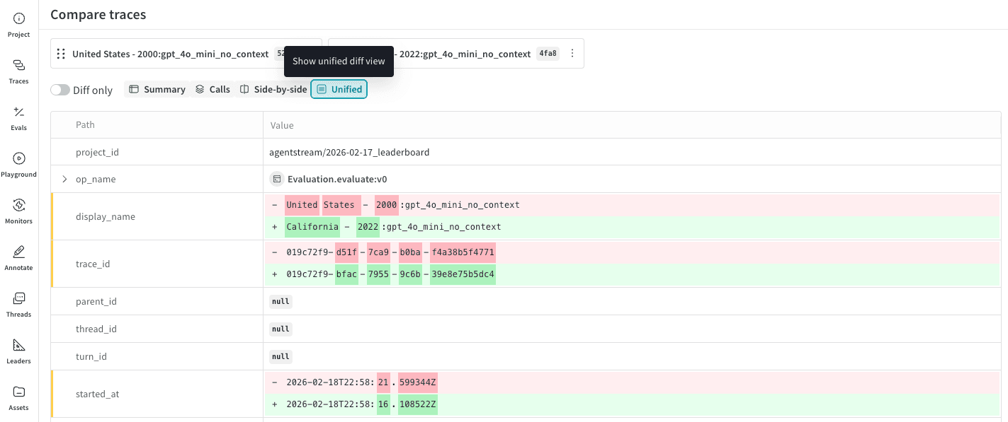 두 오브젝트의 Unified Comparison 뷰