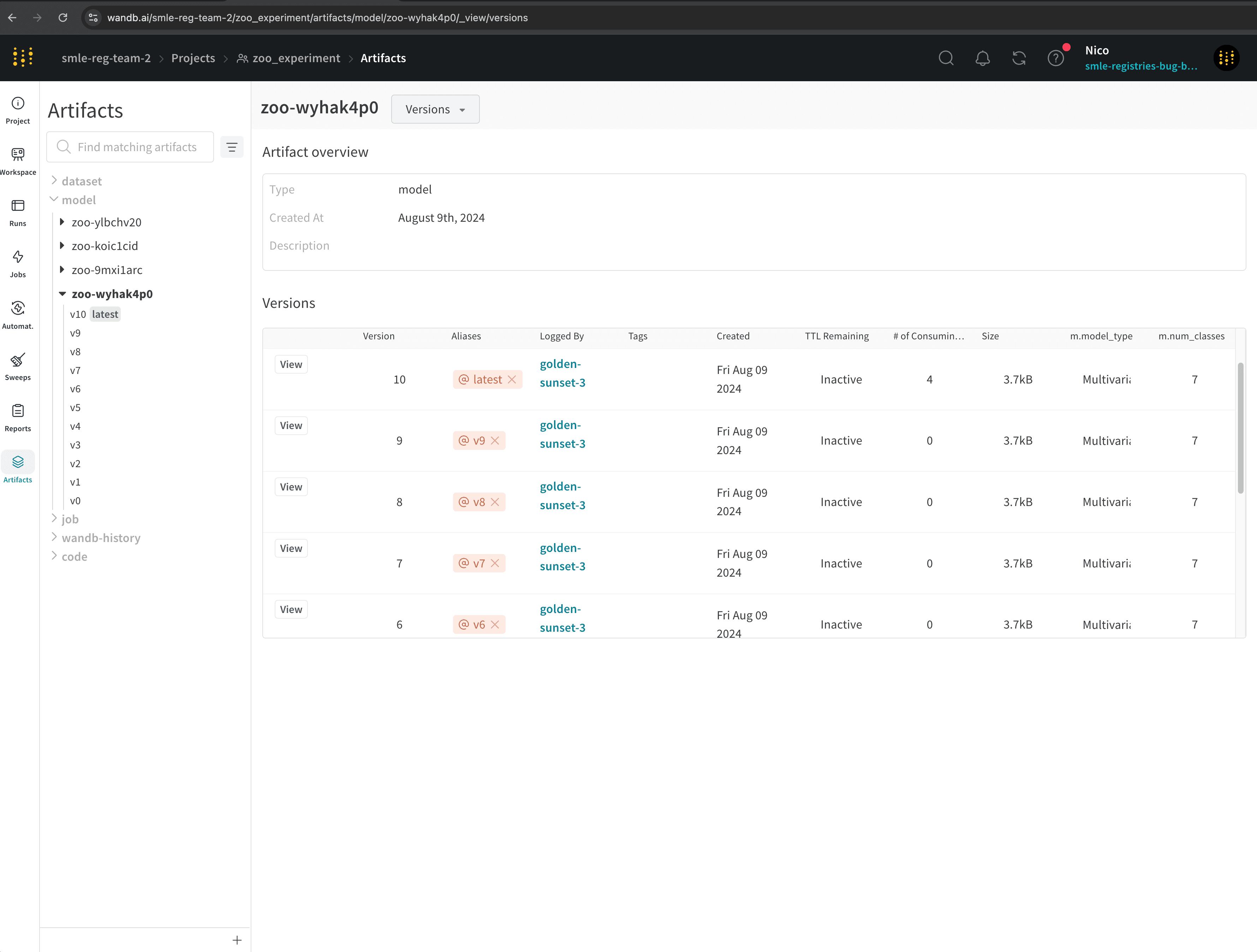 Artifact versions tab