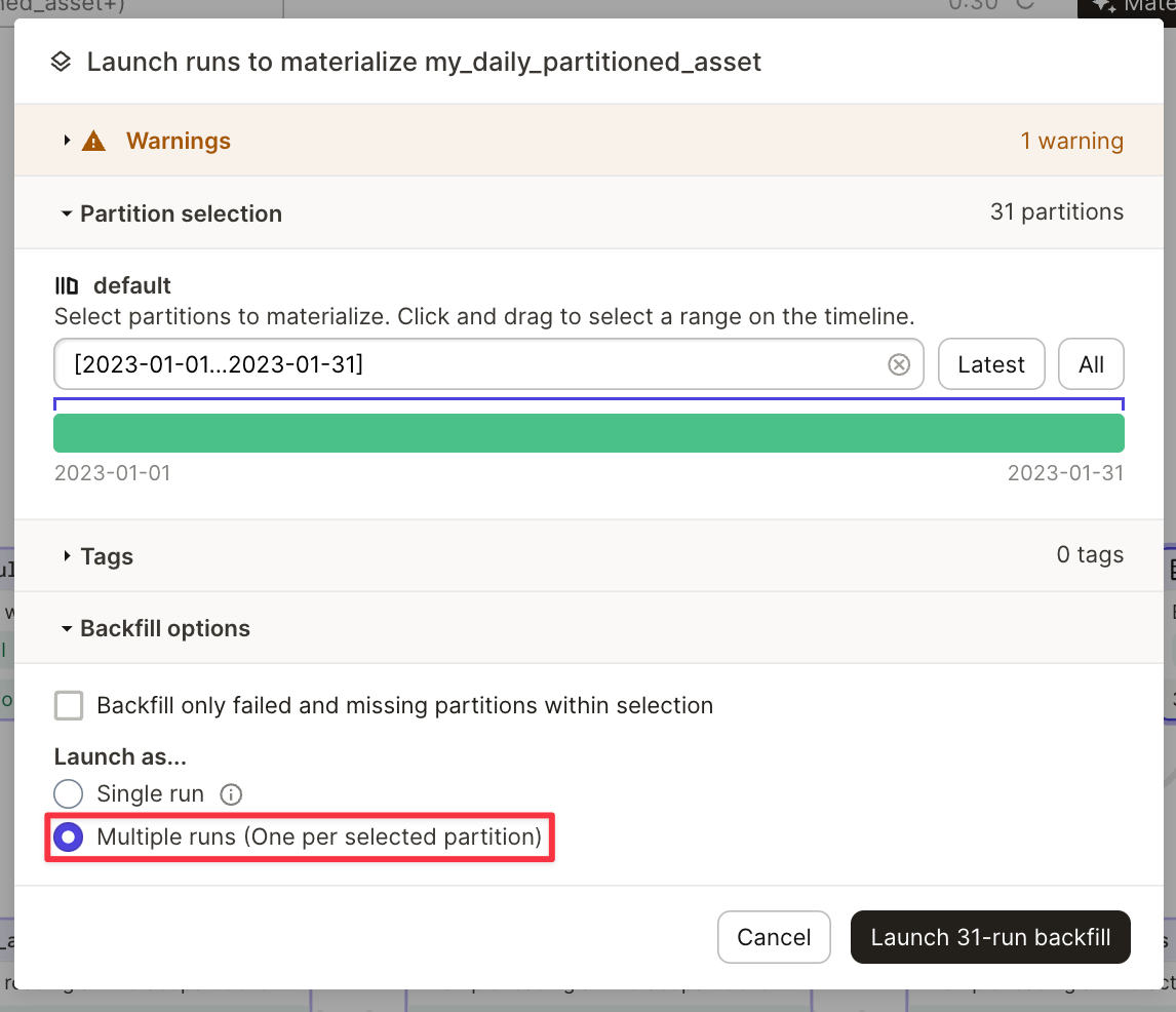 Dagster UI with multiple runs for partitioned assets, each partition as a separate run