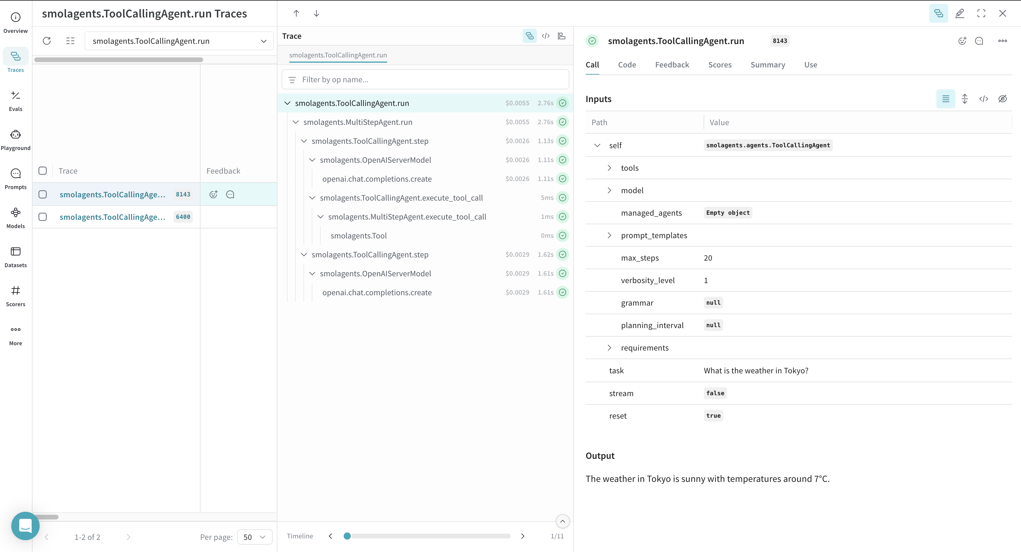 Weave logs each custom tool call.