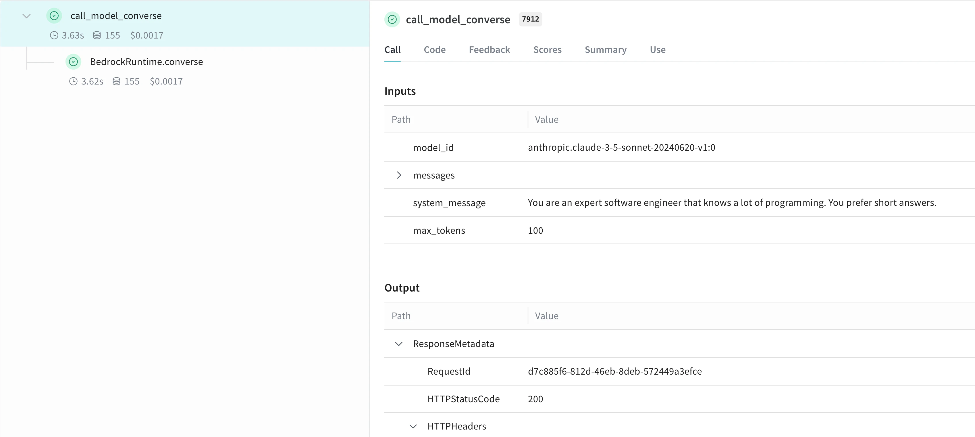 Bedrock Converse integration with Weave and API call traces and response data