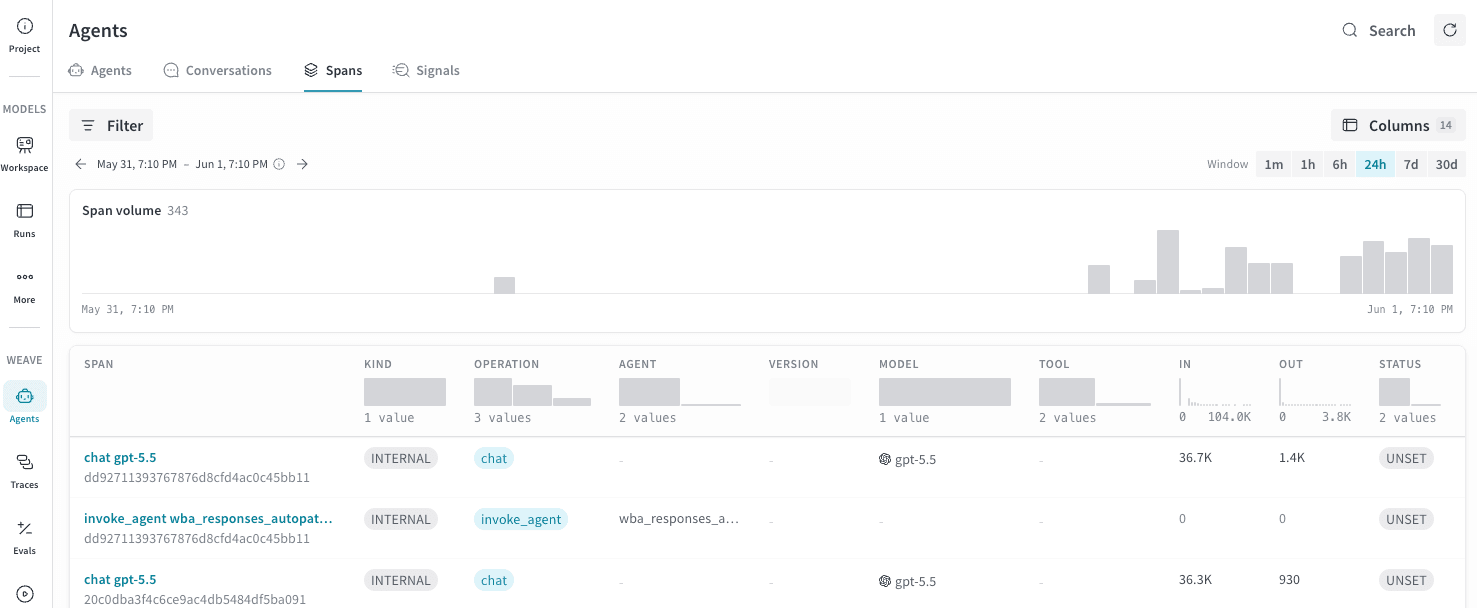 The Spans tab showing spans of the agent conversation.
