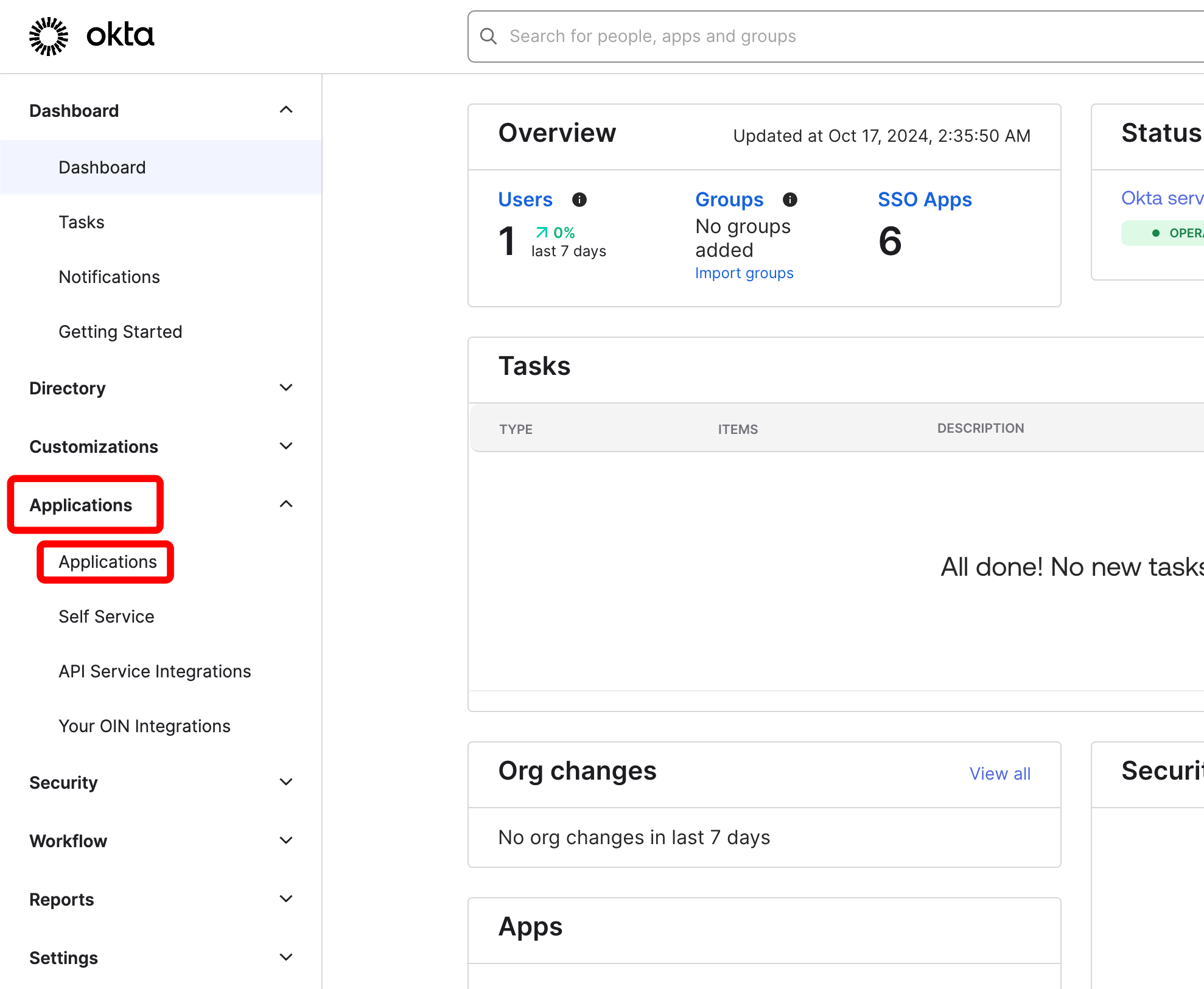 Menu Applications d’Okta