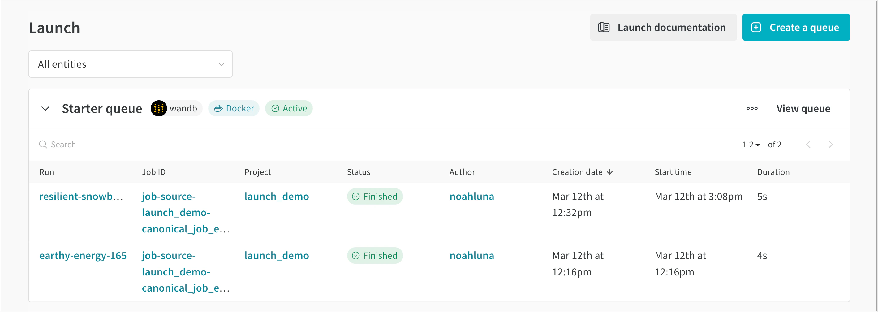 Vue du statut des jobs Launch