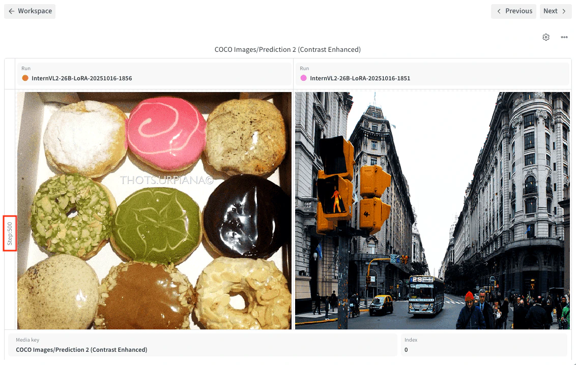 두 개의 run과 step 기준 fan out이 설정된 compare mode의 미디어 패널을 보여주는 스크린샷